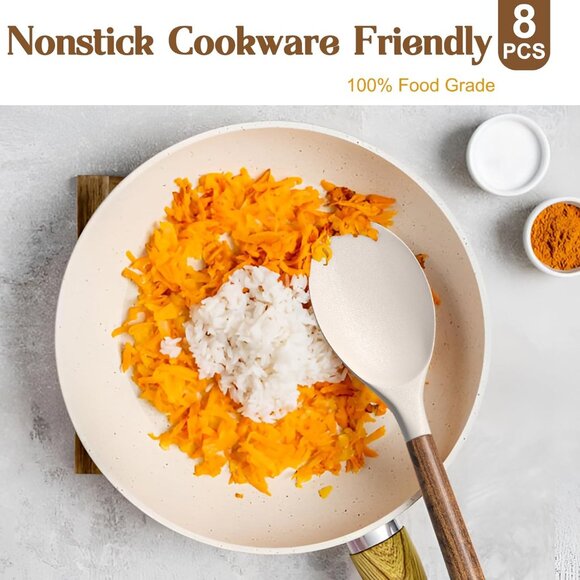 8-Piece Kitchen Set with Natural Acacia Wooden Handles Khaki Grade Silicone - Picture 11 of 13